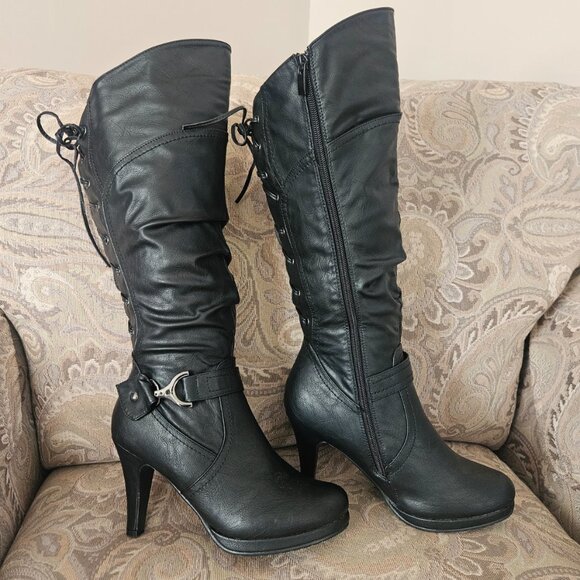 Womens TOP MODA Page 65 Black Faux Leather Zip w/Laced Backs Knee Boots Heels 8M - Picture 1 of 11